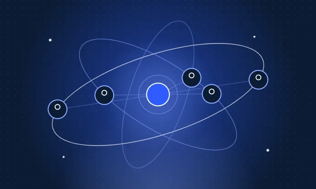 Illustration of people orbiting a central core, for the consulting manager job at Ellipsia